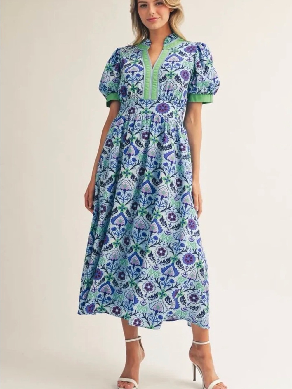 JODIFL Blue Green Floral Midi Dress